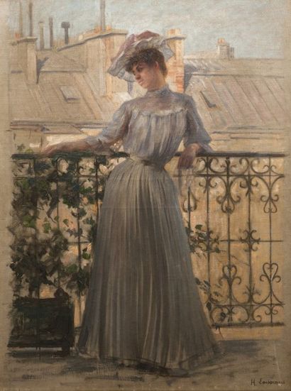 null Henri LAISSEMENT (1854-1921) - Femme au balcon - Huile sur toile Signée en bas...