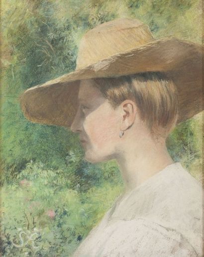 null Ecole impressionniste - Jeune femme au chapeau - Pastel, porte un monogrammé...