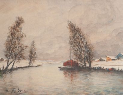null Edouard FEVRE (1885-1967) - Péniche, canal sous la neige - Fusain, signé en...