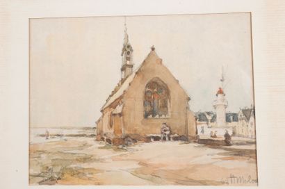 null Henri MILOCH (1898-1979) - Eglise en Bretagne - Aquarelle et crayon, signée...