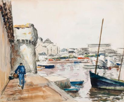 null René LEFORESTIER (1903-1972) - Pécheur sur le quai, Concarneau - Aquarelle et...