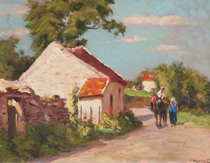 null L. NOIREAUT (1890-1960) - Paysans sur un chemin - Huile sur panneau, signée...