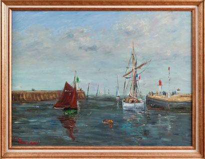 null Jean-Pierre JOUAN (né en 1943) - Trouville, bateaux sur la Touques - Toile,...