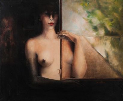 null Michèle SALMON (née en 1946) - Femme au pendentif - Huile sur toile, signée...