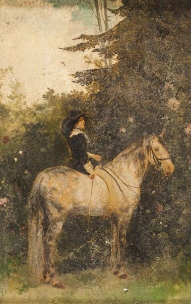 null Richard GOUBIE (1842-1899) - L'amazone - Huile sur panneau 22 x 14 cm 