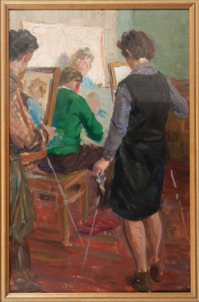 null ECOLE RUSSE XXème - Cours de peinture - Peinture sur carton, signé et daté 1964...