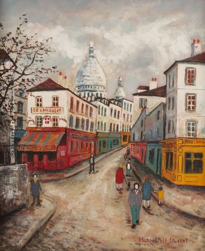 null Bruno EMILE LAURENT (né en 1928) - Rue Norvins à Montmartre - Huile sur toile,...