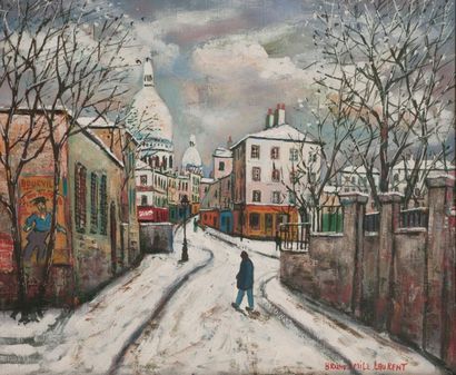 null Bruno EMILE LAURENT (né en 1928) - Rue Norvins à Montmartre, sous la neige -...
