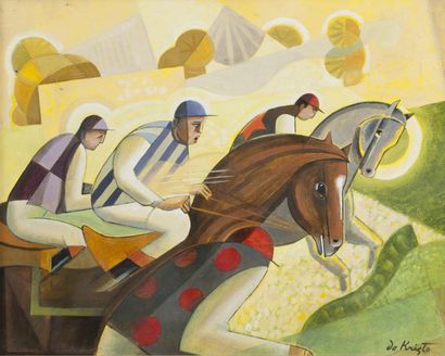 null Bela de KRISTO (1920-1966) - Jockeys à cheval - Carton, signé en bas à droite...