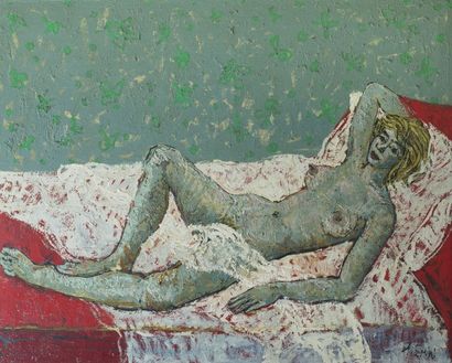 null Paul AIZPIRI (né en 1919) - Nu étendu au sofa rouge (Germaine) - Huile sur toile,...