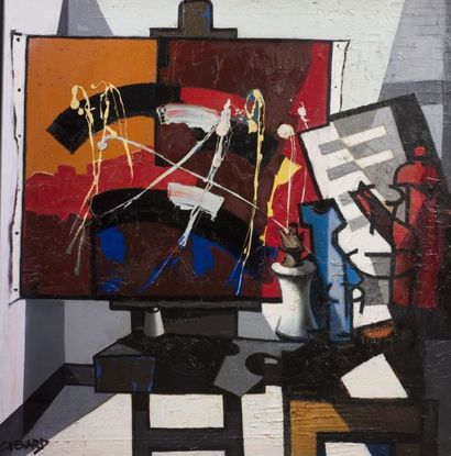 null Claude VENARD (1913-2000) - Nature morte à la cafetière rouge et au chevalet...