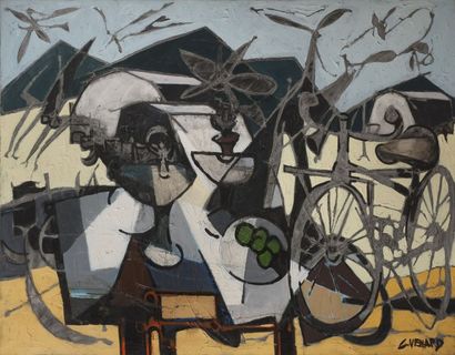 null Claude VENARD (1913-2000) - Paysage, nature morte et bicyclette - Huile sur...