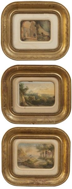 Jean-Pierre THENOT (1803-1857) Jeune chasseur et son chien Encre et aquarelle. Rehauts...