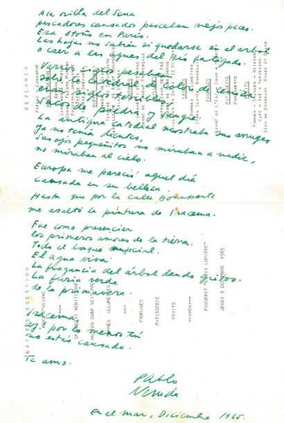 NERUDA, Pablo NERUDA, Pablo [1904-1973] Poème autographe signé « En el mar, Diciembre...