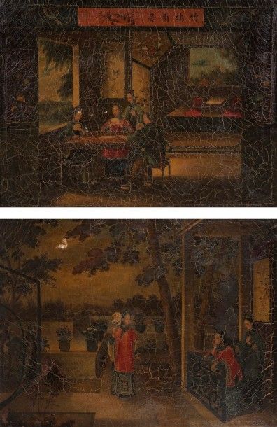 null Deux peintures formant pendant représentant des scènes de terrasse et d’intérieur...