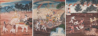 null Ensemble de trois peintures représentant des scènes du Ramayana représentant...
