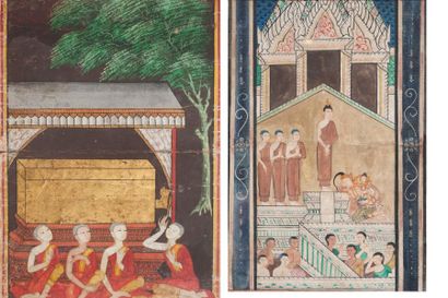 null Deux peintures encre et gouache sur papier représentant des scènes bouddhistes...