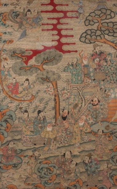 null Textile en lin représentant les huit immortels, les divinités du Tao et Shoulao...