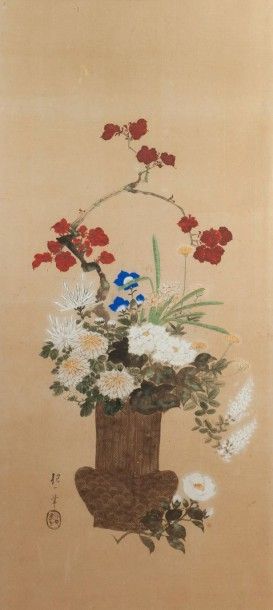 null Vase Ikebana en vannerie.

Encre et couleur sur papier.

Japon, période Meiji.

Dim.:...