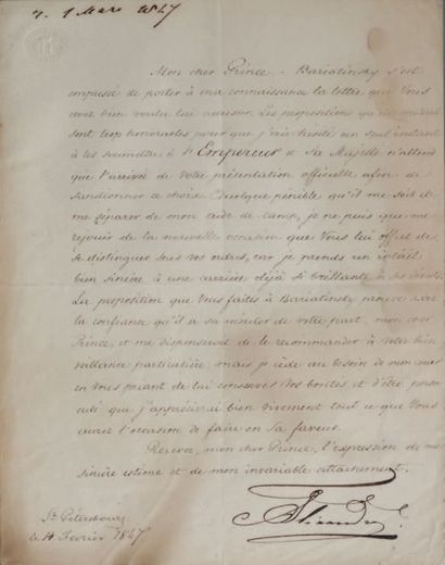 null Alexandre Nicolaiévitch, césarévitch. Lettre signée au prince [Vorontzoff, gouverneur...