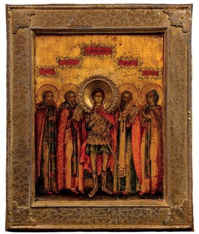 null Saint Michel accompagné de quatre saints. Russie, XIXe siècle. Tempera sur bois....