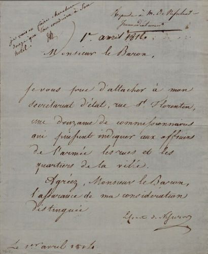 null Comte de Nesselrode. Lettre signée à un baron; en français. 1er avril 1814....