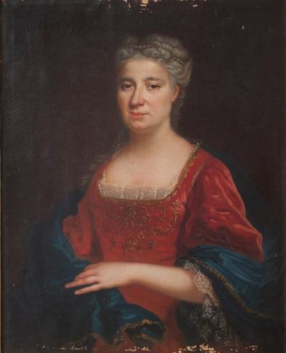 École FRANÇAISE vers 1740 Portrait de femme à la robe rouge Sur sa toile d'origine....