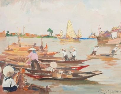 Lucien Victor DELPY (1898-1967) Barques à quai, Saïgon Aquarelle et gouache Signée,...