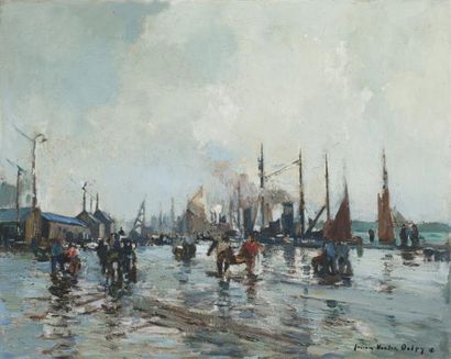 Lucien Victor DELPY (1898-1967) Le déchargement sur les quais du port Huile sur toile....