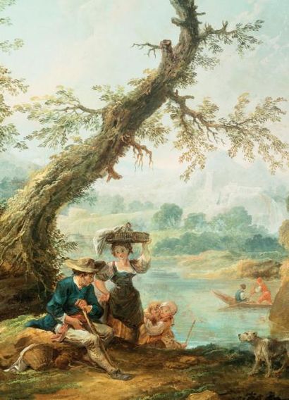 Hubert ROBERT (Paris 1733 - 1808) La lavandière et le berger près d'un étang Toile...