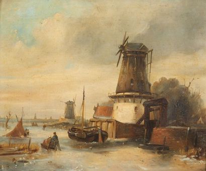 Ecole Hollandaise du XIXème siècle Moulins et bateaux dans la glace Panneau de chêne,...