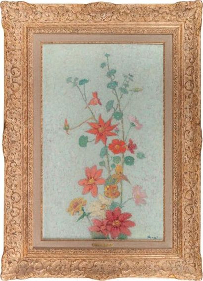 Achille LAUGE (1861-1944) Bouquet champêtre Huile sur panneau. Monogrammée en bas...