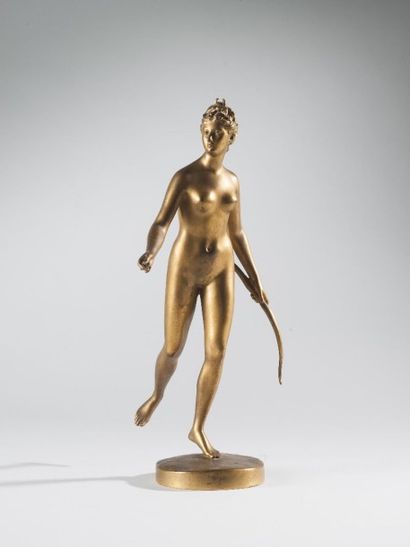 BARBEDIENNE, d'après HOUDON «Diane chasseresse» Epreuve en bronze à patine dorée,...
