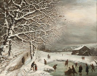 null Louis Claude MALBRANCHE (1790-1838), Scène de patin à glace, huile sur toile,...