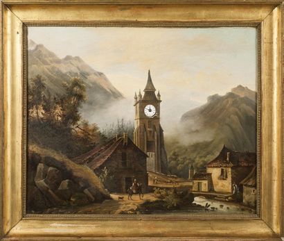 null Ecole du XIXe siècle, Tableau-pendule représentant une église, huile sur toile,...