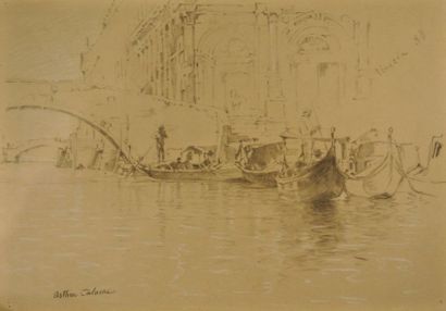 Arthur Calame (1843-1919) Gondoliers à Venise
Fusain, craie blanche, estompe
Situé...