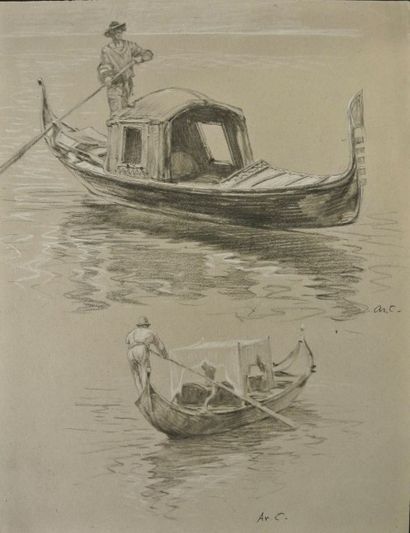 Arthur Calame (1843-1919) Gondoliers à Venise

Quatre dessins sur deux feuilles,...