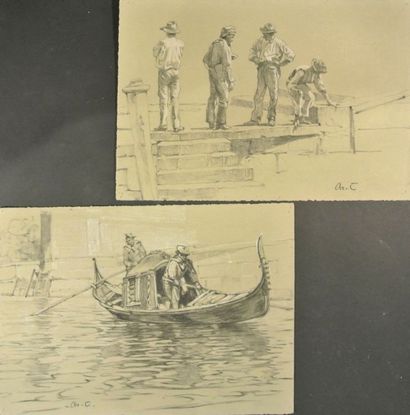 Arthur Calame (1843-1919) Venise, gondoliers et personnages sur un quai

Deux dessins,...