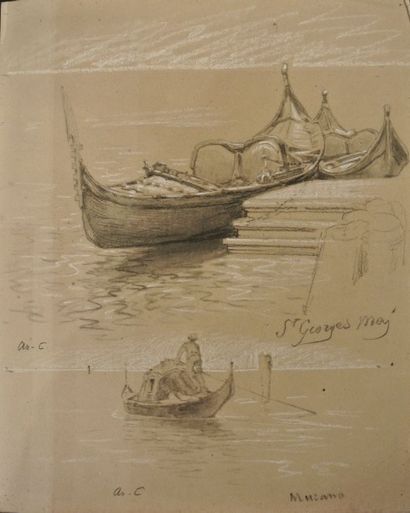 Arthur Calame (1843-1919) Venise, Gondoles amarrées et Gondolier à Murano

Deux dessins...