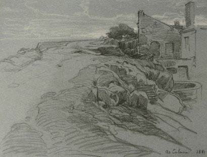 Arthur Calame (1843-1919) Calais, bateaux sur la grève et paysage côtiers

Fusain...