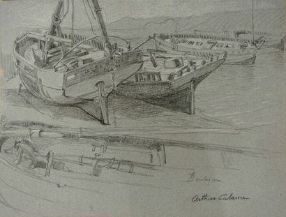 Arthur Calame (1843-1919) Barques amarrées et Retour au port

Deux dessins, fusain...