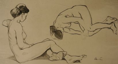 Arthur Calame (1843-1919) Lot de dessins : homme assis – étude de nu féminin – balustrade...