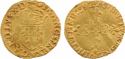 null Charles X, demi-écu d'or au soleil, 1592 Rouen A/CAROLVS. X. D. - G. FRANC (différent)...