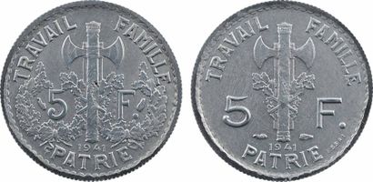null État français, essai double revers de 5 francs Pétain types I et II en zinc,...