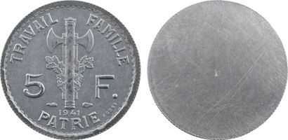 null État français, essai uniface de 5 francs Pétain type II en zinc, tranche striée,...