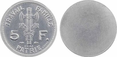 null État français, essai uniface de 5 francs Pétain type II en aluminium, tranche...