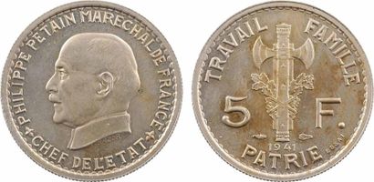 null État français, essai de 5 francs Pétain type II en cupro-nickel, tranche striée,...