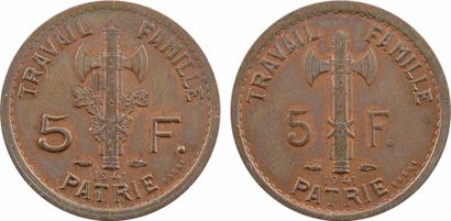 null État français, essai double revers de 5 francs Pétain types II et III en cuivre,...