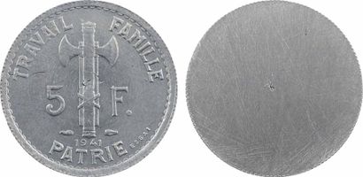 null État français, essai uniface de 5 francs Pétain type III en zinc, tranche striée,...
