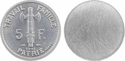 null État français, essai uniface de 5 francs Pétain type III en aluminium, tranche...